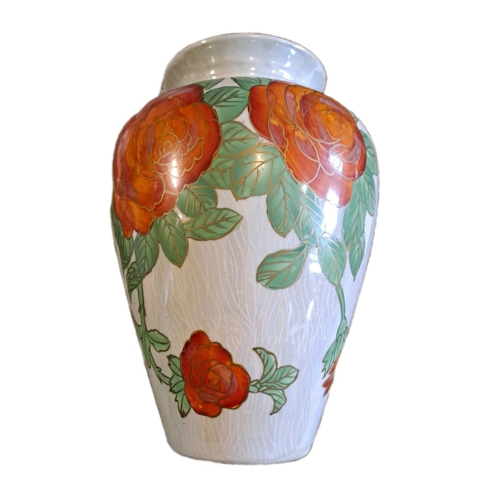 Chinese Style Large Red Rose Vase 9.5" Red Green Beige